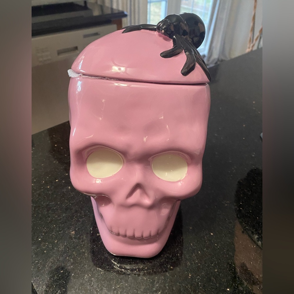 Ceramic Pink Skull Jar with Black Spider